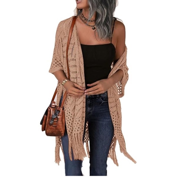 Pink Lady Beige Knit Fringe Open Cardigan - Picture 1 of 4
